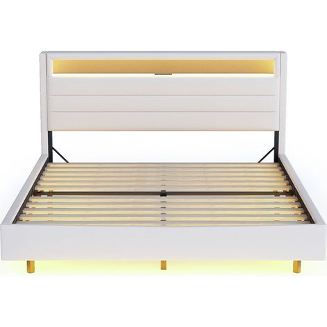 Polsterbett 140x200 cm Beige mit USB und LED, klappbares Kopfteil (1/5)
