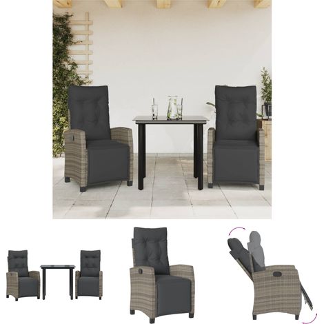Garten-Essgruppe - vidaXL 3-tlg. Garten-Essgruppe mit Kissen Grau Poly Rattan - Rattanmöbel (1/5)