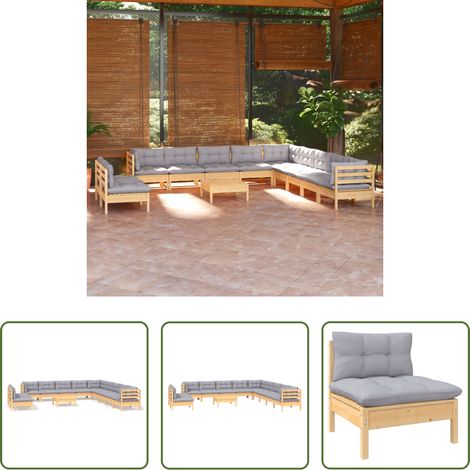 Terrassensofa - 12-tlg. Garten-Lounge-Set mit Grauen Kissen Massivholz Kiefer (1/5)