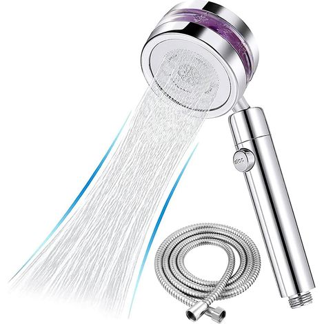 Turbo Duschkopf, Premium Duschkopf Druckerhöhend mit Propeller 5 Strahlarten 360 °Drehbarer One-Key-Wasserstopp Hochdruck Handbrause Wassersparend Mit Schlauch 1,5m, Chrome
