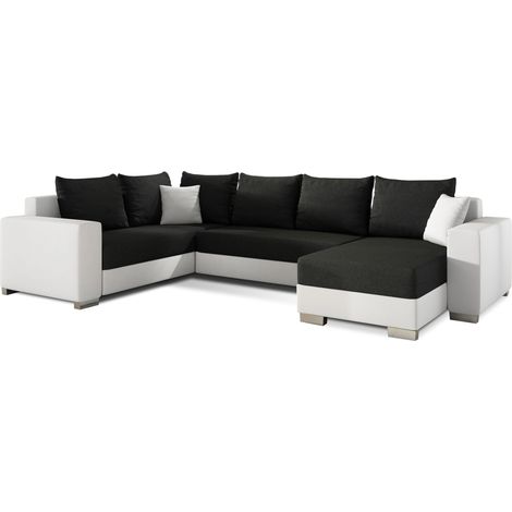 Canapé U convertible tissu noir et simili blanc coffre de rangement à droite Marry 321cm (1/5)