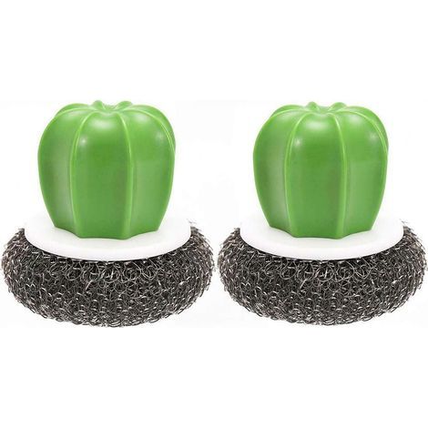 2pcs pinceaux de Cuisine en Forme de Cactus créatifs, Cactus Pot Fil éponge Boule Plat Brosse de Lavage en Acier Inoxydable récureurs Brosse de Nettoyage avec poignée en Plastique Noir (1/4)