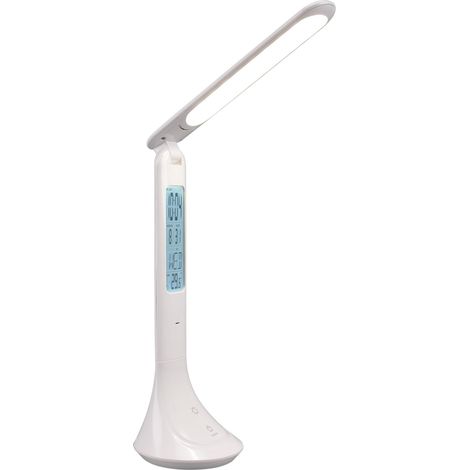 Lampe de bureau LED, plastique blanc mat, LED 4 Watt incluse, batterie, USB-C, réveil, affichage de la date et de la température (1/5)