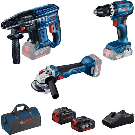 Bosch – Pack de 3 outils électroportatifs 18V – Moteur sans balais – 3 batteries 5Ah – Sac de transport inclus – Perceuse, marteau, meuleuse (1/7)