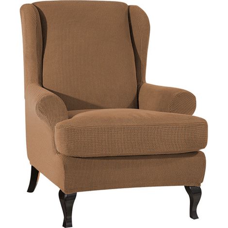 Funda para sofá/sillón orejero de tejido elástico, protector de muebles de poliéster y elastano (color café claro). (1/5)