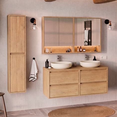 Badmöbel-Set Doppelwaschbecken 120cm Hochschrank und Spiegelschränke Edmé Bois (1/5)