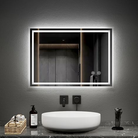 EMKE LED Badspiegel mit Anti Fog 50x70cm Kaltweiß Dimmbar Touch Steuerung mit Doppel Satinierter Rand