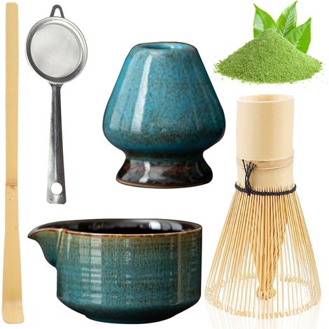 Ensemble à thé matcha 5 pièces en céramique, fouet japonais, bol à matcha, porte-fouet, passoire, accessoires japonais pour la cérémonie du matcha (bleu décoloré au four) (1/5)