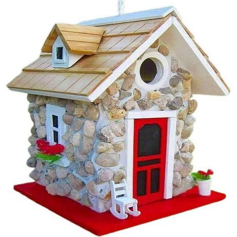 Nichoir suspendu décoratif en résine colorée, style cottage en pierre, pour jardin, balcon ou terrasse. 1 pièce, 16 x 15 x 20 cm. (1/5)