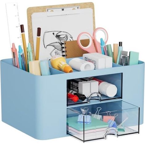 Allecto Schreibtisch-Organizer Multifunktionaler Stiftehalter 2 Schubladen Blau Aufbewahrungssystem Bürozubehör Ideal fürs Homeoffice 7 Fächer (1/5)