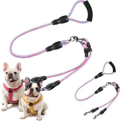 Doppelleine für 2 Hunde, 360° drehbare Leine mit 2 Karabinerhaken, verstellbare, rutschfeste Canicross-Leine mit Schwammgriff für kleine und mittelgroße Hunde, 1 Stück, Rosa (1/5)