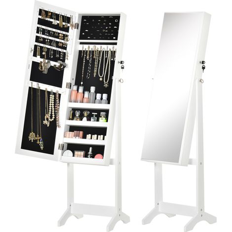 Joyero blanco con espejo, cerradura y organizador para anillos, collares y pendientes