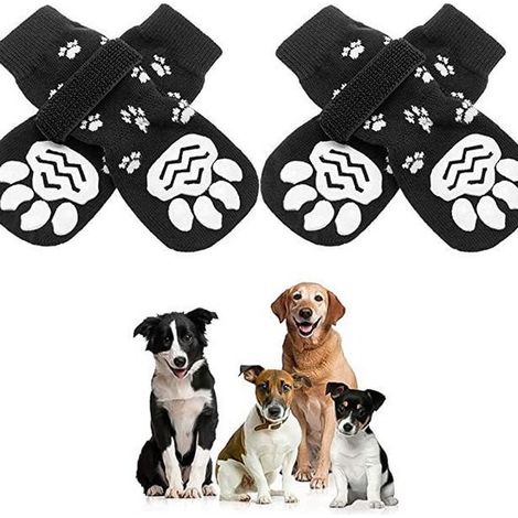 Lot de 2 paires de chaussettes antidérapantes pour chiens de petite, moyenne et grande taille. Jolies Chaussettes pour animaux de compagnie. Protection des pattes. Taille S : 14 x 6 cm. Noir. Fermetur (1/5)
