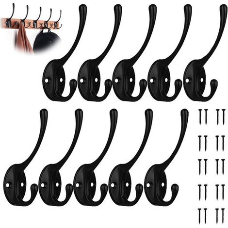 Lot de 10 crochets muraux pour manteaux - Crochets pour manteaux - Crochets muraux pour serviettes - Cintres métalliques à crochet simple - Crochets pour manteaux, placards et penderies - Noir - Convi (1/5)