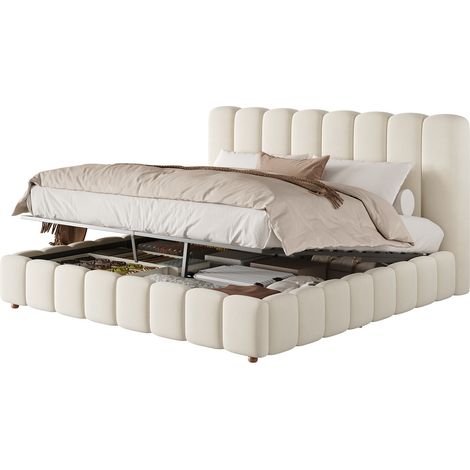 Cama canapé 160x200 cm de terciopelo beige con almacenaje hidráulico, sin colchón – MEUBLIV (1/5)