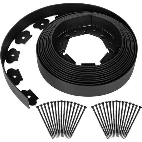 Flexible plastic lawn edging, garden border, grass and stone separation, with 30 fixing nails, 10 m long, black, 5 cm high YMYNY (1/4)
