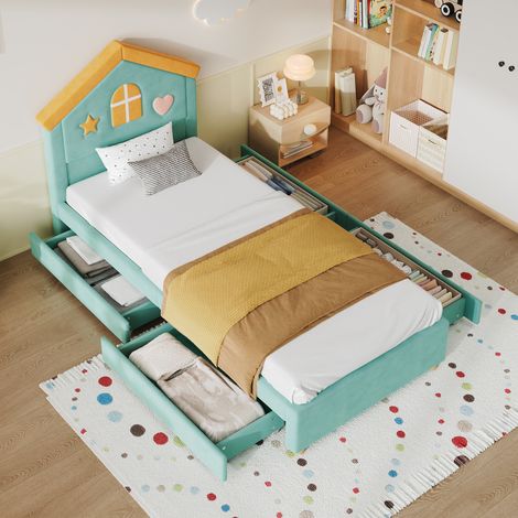 Kinderbett 90x200 cm Blaugrün aus Samt mit Haus-Kopfteil und 4 Schubladen (1/5)