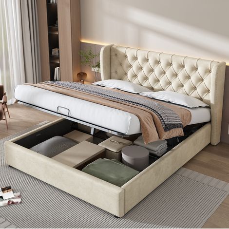 Bett Chesterfield 160x200 cm aus Samt in Beige mit hohem Kopfteil, Lattenrost und Bettkasten mit Hydraulik (1/5)