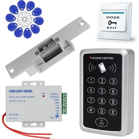 Kit complet de système de contrôle d'accès, lecteur de carte de clavier 1000 utilisateurs, serrure électrique de sécurité NC, alimentation 12 V 3 A, bouton de sortie de porte, 10 porte-clés 125 (1/5)