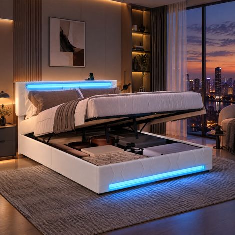 JOOKGBD‑Letto contenitore 140x200cm letto matrimoniale in tessuto lino beige, striscia LED RGB testiera e telaio, porte ricarica USB‑Type‑C, spina UE, telaio rinforzato (1/5)