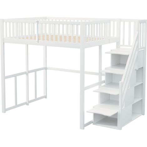 Cama alta 140x200 cm de pino blanco con escalera de almacenaje y barrera de seguridad (1/5)