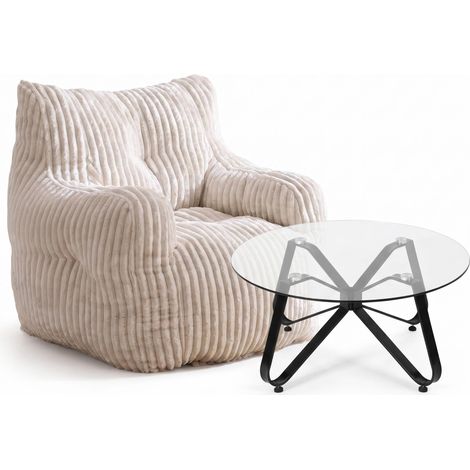 FurnitureR Wohnzimmer Set Sessel creme Cordstoff mit rundem Couchtisch Glas schwarz modernes Möbel Set klein elegant Wohnzimmermöbel