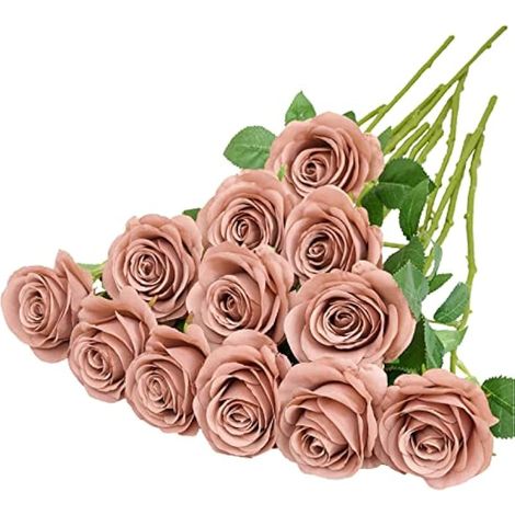 Lot de 12 roses artificielles en soie avec longues tiges pour mariage, maison, fête, centre de table - Rose poudré (1/5)