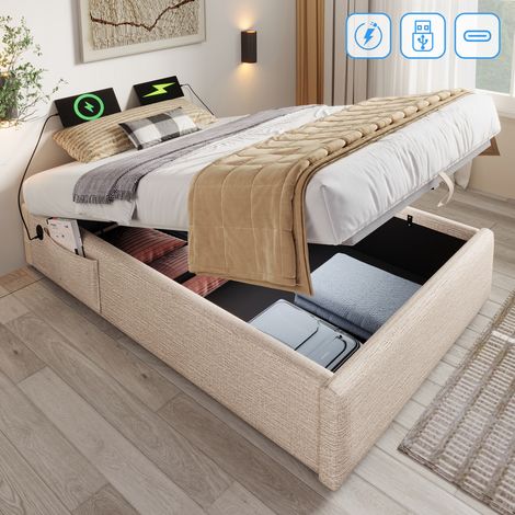 Stauraumbett 90/190 cm natur aus Leinen mit USB-C und Vollholz-Bettboden (1/5)