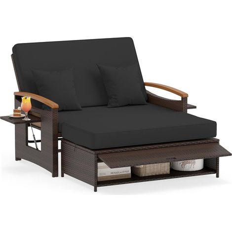 Canapé à 2 Places en Rotin avec Ottoman de Rangement et Coussins, Charge 360KG, Plateau Latéral Pliant, Dossier Réglable 4 Positions, Noir(Style B) (1/5)
