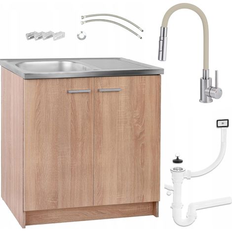 STAMAR  Küchenschrank 80x50 - weiß - mit Edelstahlspüle - flexibler schwarzer Wasserhahn - modern und praktisch