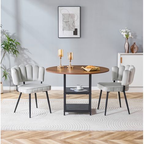 Set tavolo e sedie rotondo 107 cm effetto noce, 2 sedie grigio chiaro DESVIAE (1/5)