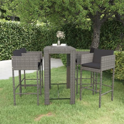 Set 1 Table de bar + 4 chaises de bar/Tabourets,Ensemble de bar de jardin et coussins Résine tressée Gris -BV80641 (1/5)