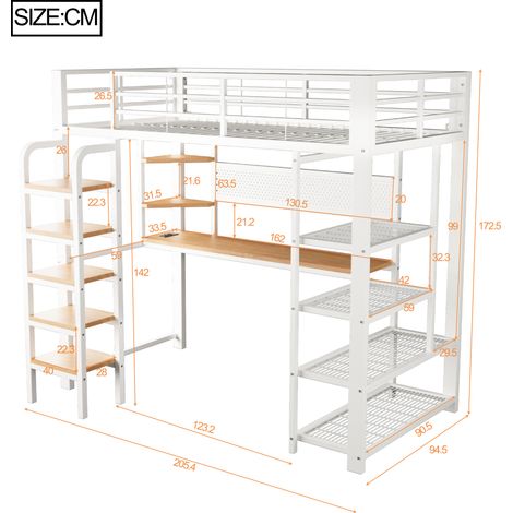 VVBV Lit mezzanine, 90 x 200 cm, éclairage LED, USB/Type-C, rangements, échelle/escaliers, métal, blanc (1/5)