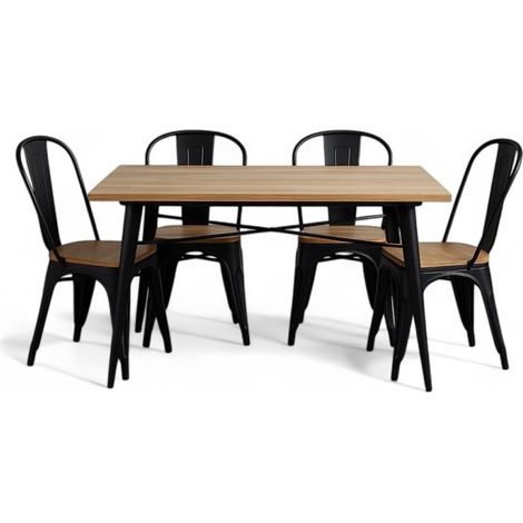 Ensemble Table et Chaises Style Industriel, Métal Noir Mat et Bois Naturel Clair, 120x80cm - Design Factory