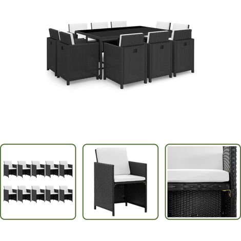 Rattan-Tisch - 11-tlg. Garten-Essgruppe mit Auflagen Poly Rattan Schwarz (1/5)
