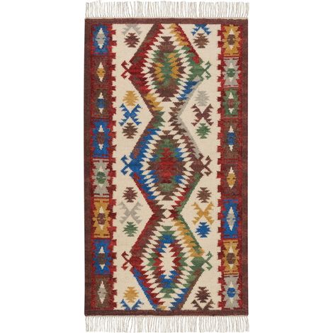 Tapis Kilim Multicolore en Laine 80 x 150 cm avec Frange Oriental Fait Main Arevik (1/5)