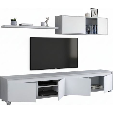 Dmora Paroi aménagée Savannah, Meuble télé pour le salon, Composition d'ensemble de salon, Ensemble de salon avec meuble haut, cm 200x41h43, Blanc et Gris, avec emballage renforcé
