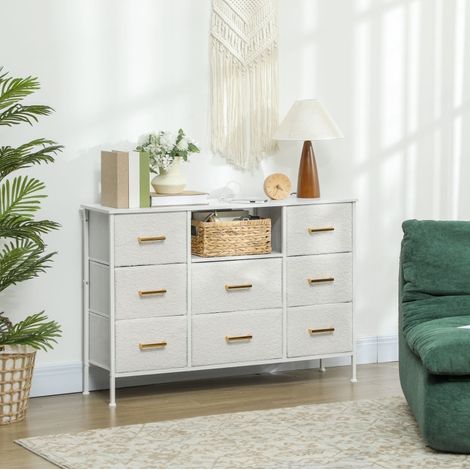 Commode 110x30x76 cm blanc crème en polyester avec 8 tiroirs, station de charge et structure en acier (1/5)