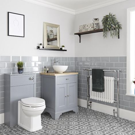 Milano Thornton 645mm Bathroom Vanity Unit with Countertop Basin and WC Unit with Back to Wall Toilet Pan  Seat and Cistern - Light Grey (1/5)