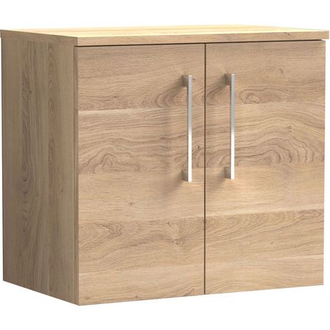 Balterley Bramshall Modern Bathroom 600mm Wall Hung 2-Door Vanity Unit with Worktop, Soft Close Doors, Bleached Oak