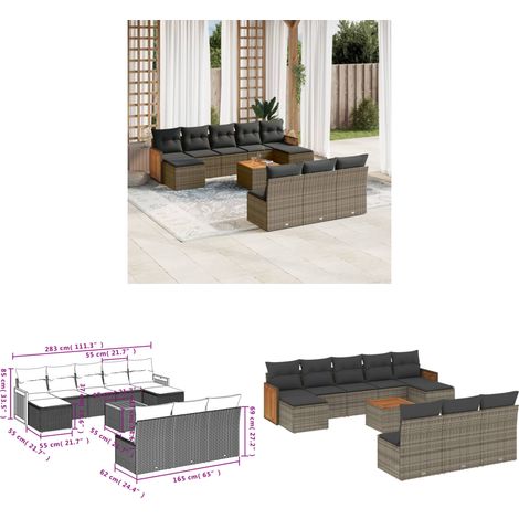 11-tlg. Garten-Sofagarnitur mit Kissen Grau Poly Rattan - Gartenmöbel Set - PE-Rattan Möbel - Outdoor Lounge - Esstisch - Sofasatz - Home & Living (1/3)
