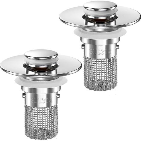 Bouchon de lavabo avec récupérateur de cheveux (2 pièces), crépine de lavabo escamotable avec panier amovible en acier inoxydable, crépine de lavabo pour salle de bain. (1/5)