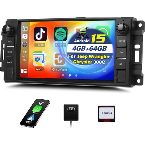 Android 15, 4G+64G sans Fil Carplay Autoradio pour Wrangler Compass Grand Cherokee/Chrysler 300C/Dodge Ram/Chevrolet, Radio Voiture avec écran 7 Pouces Con Android Auto GPS WiFi Bluetooth FM/RDS (1/5)