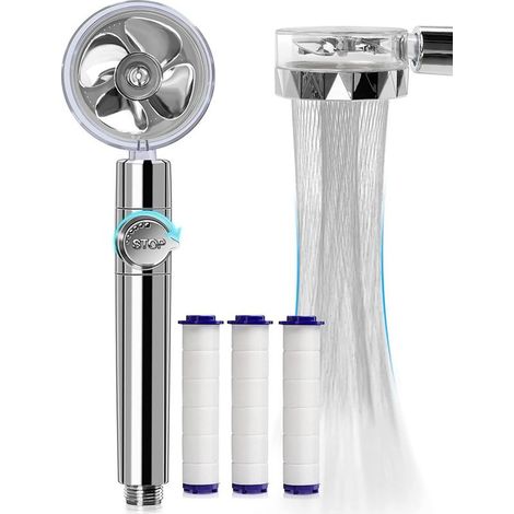 Douche à économie d'eau haute pression, pommeau de douche à main à hélice rotative à 360 degrés avec filtre, pommeau de douche Turbo Spa avec ventilateur et interrupteur (argent) (1/5)