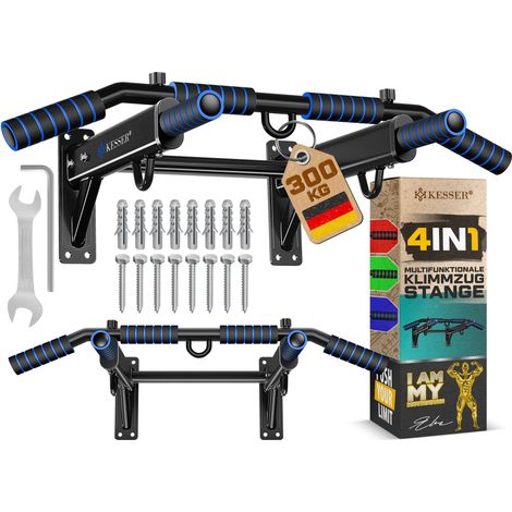 KESSER® 4in1 Klimmzugstange zur Wandmontage rutschfesten Griffen zusätzliche Funktion für Seile Ringe und Boxsäcke mit verschiedenen Griffpositionen   Blau