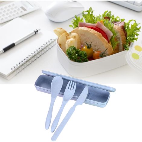 Ensemble de couverts en paille de blé, moderne et portable, avec boîte, idéal pour le bureau, l'école et les pique-niques (bleu). (1/5)