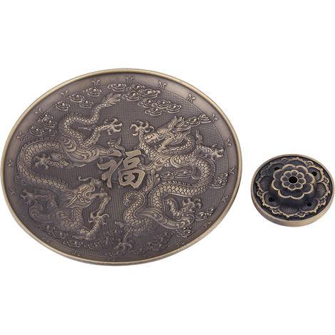 Support pour brûleur d'encens en alliage de zinc avec plateau à encens à motif de dragon, adapté aux autels bouddhistes de chambre (couleur bronze). (1/3)