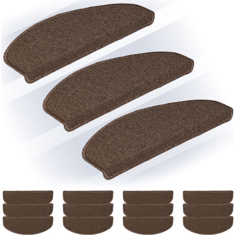Relaxdays Stufenmatten 15er Set, abgerundete Treppenstufenmatten, 65x24 cm, selbstklebende Treppenteppiche, dunkelbraun (1/5)