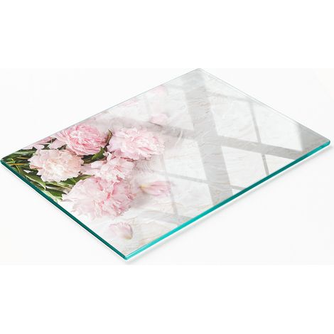 Planche à découper et à servir décorative en verre, motif pivoines, 80 x 52 cm (1/5)