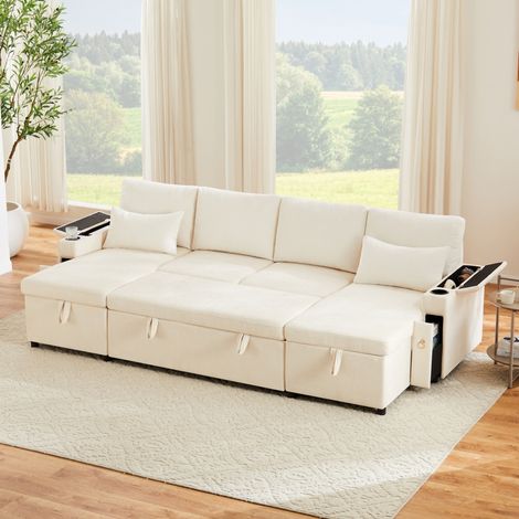 Canapé convertible en chenille et velours côtelé beige 272x131x84 cm avec rangement, méridienne et porte-gobelets (1/5)